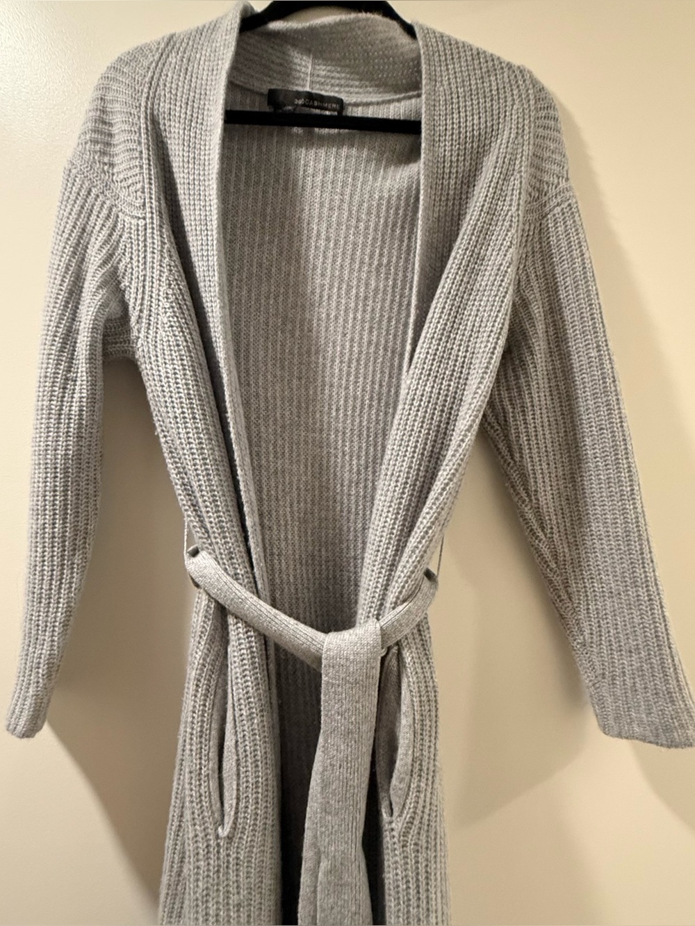 360 Cashmere Long Gray Ribbed robe with belt